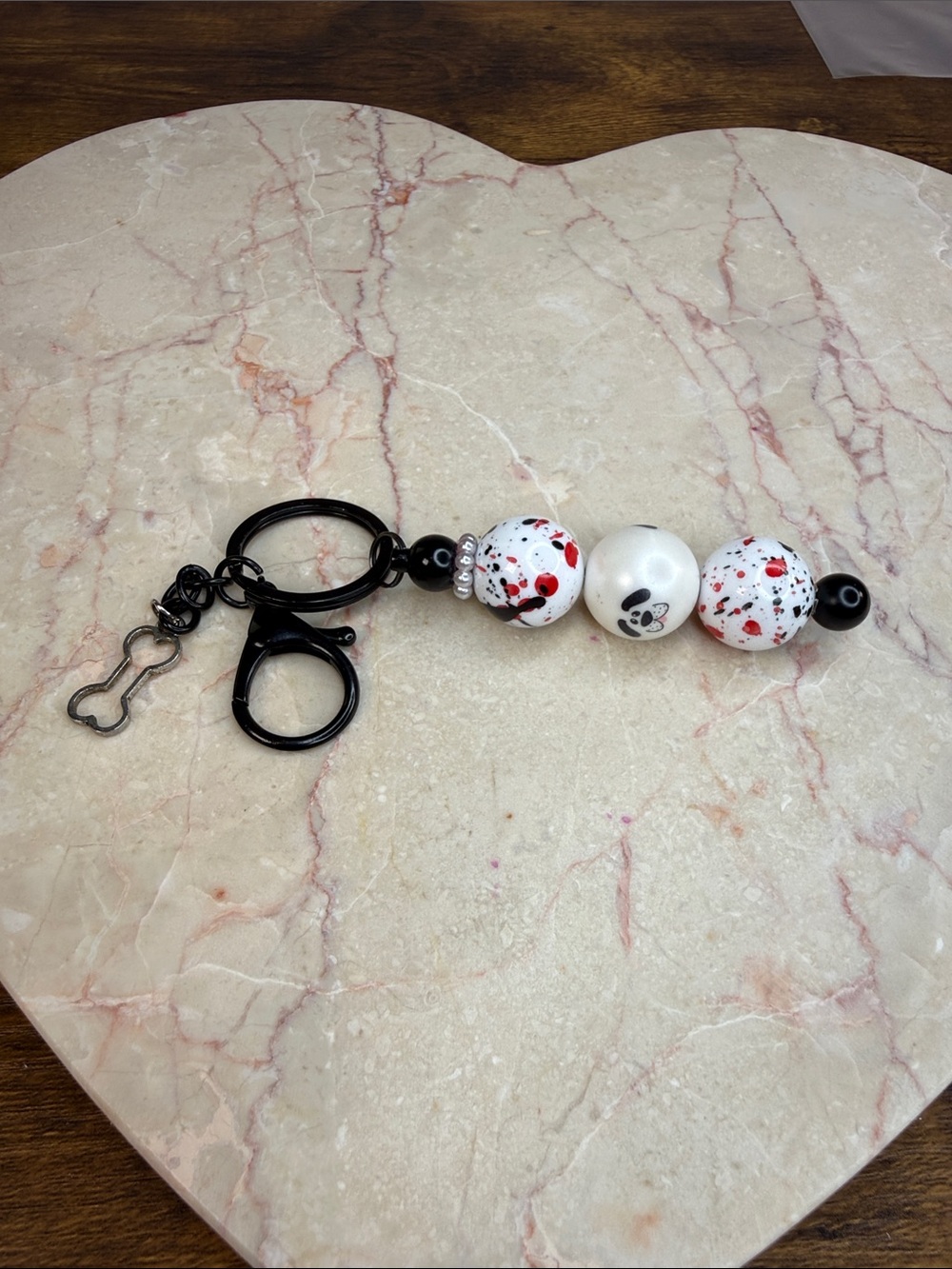 Beaded Dog Face Charm Keychain with Black Hardware - White & Red